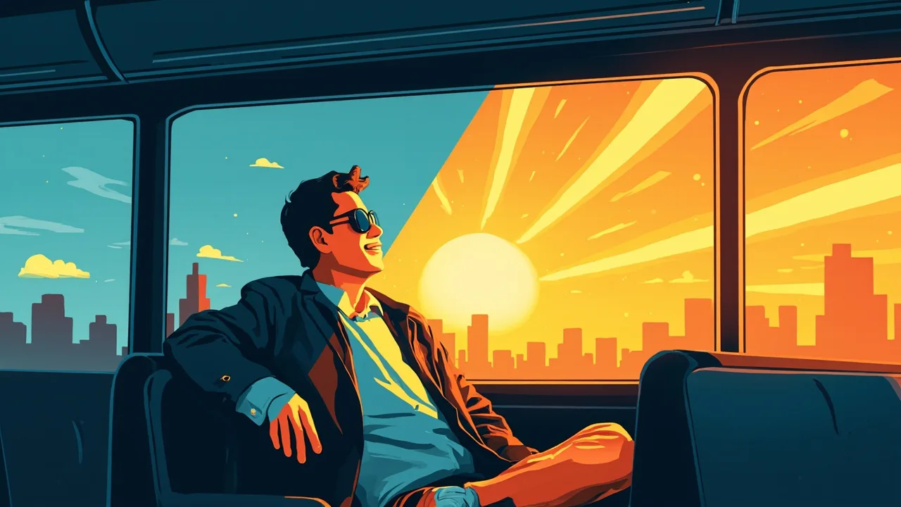 Inside a bus, a relaxed commuter in sunglasses sits in the cool shaded half of the cabin while bright sun blazes through the windows on the other side
